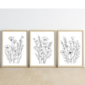 Zwarte Witte Lijn Getrokken Bloemen Set van 3 Wall