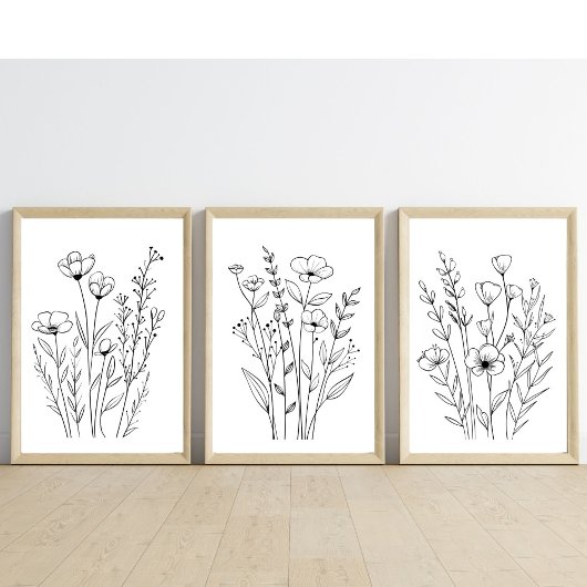 Zwarte Witte Lijn Getrokken Bloemen Set van 3 Wall