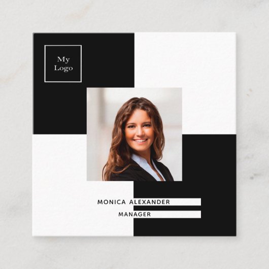 Zwarte witte logo foto QR-code Vierkante Visitekaartje (Voorkant)