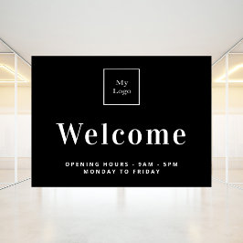 Zwarte witte logo openingstijden welkom raamsticker