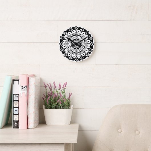 Zwarte witte Mandala Art Acrylwandklok Ronde Klok (Leeskamer)
