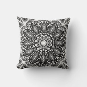 Zwarte witte mandala, kaleidoscoop, rond ornament kussen