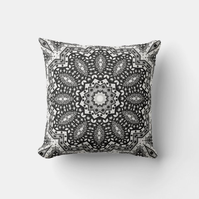 Zwarte witte mandala, kaleidoscoop, rond ornament kussen (Voorkant)