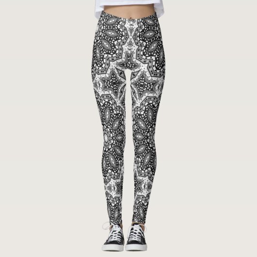 Zwarte witte mandala, kaleidoscoop, rond ornament leggings (Voorkant)