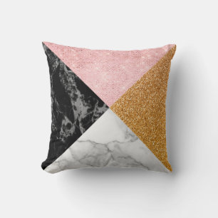 Zwarte witte marmer en roze goudglitter geometrisc kussen