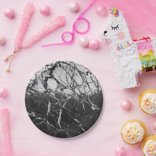 Zwarte & Witte Marmer Modern Glam Trendy Party Papieren Bordje (Feest)