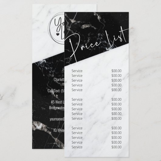 Zwarte witte marmer Salon Business Price List Menu (Voorkant / Achterkant)