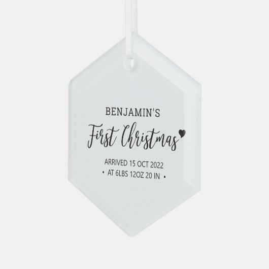 Zwarte & Witte Matige Hart Baby Eerste Kerstmis Glas Ornament (Voorkant links)