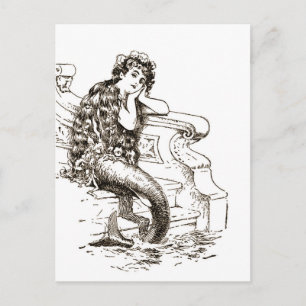  zwarte witte mermaïde tekening briefkaart