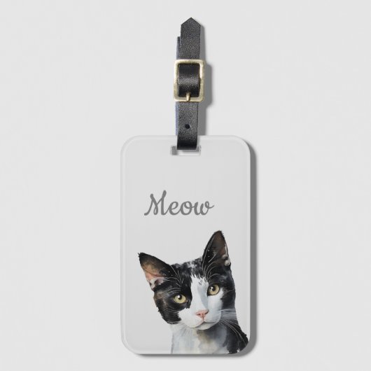 Zwarte witte miauw kat bagagelabel (Voorkant (verticaal))