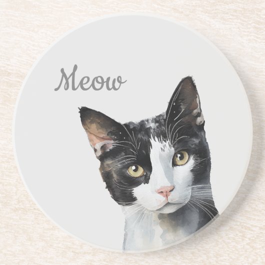 Zwarte witte miauw kat zandsteen onderzetter (Voorkant)