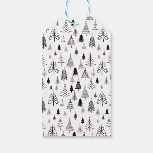 Zwarte witte minieme kerstbomen met cadeautjes Lab Cadeaulabel (Achterkant)