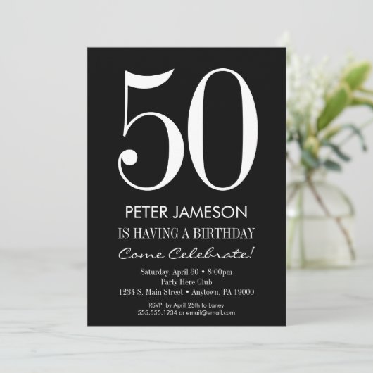 Zwarte & Witte Modern Volwassendag Uitnodigingen (Staand voorkant)