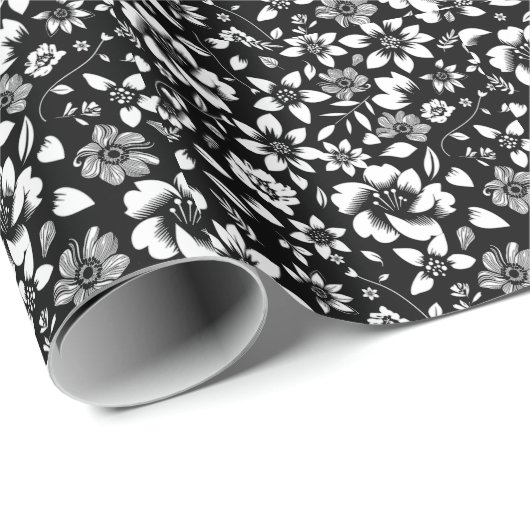 Zwarte witte moderne bloemen blaast cadeaupapier (Rol Hoek)