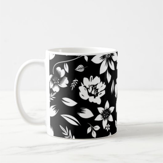 Zwarte witte moderne bloemen blaast koffiemok (Links)