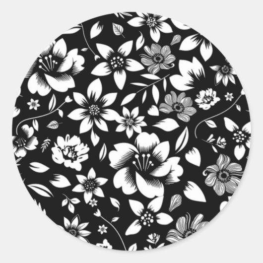 Zwarte witte moderne bloemen blaast ronde sticker (Voorkant)