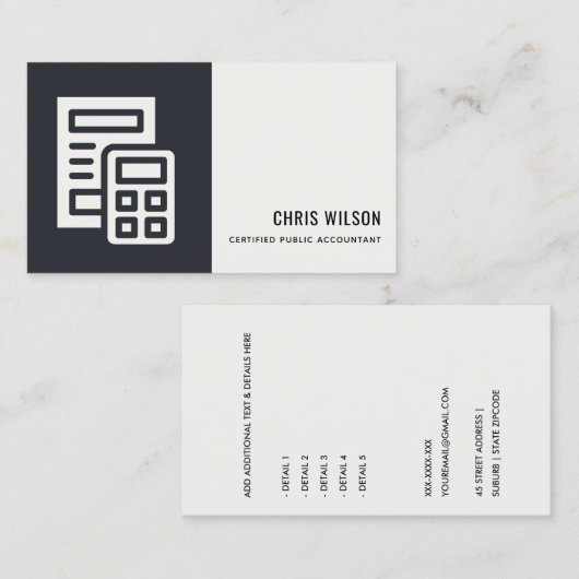 ZWARTE WITTE MODERNE CALCULATOR ICON ACCOUNTING TA VISITEKAARTJE (Voorkant / Achterkant)