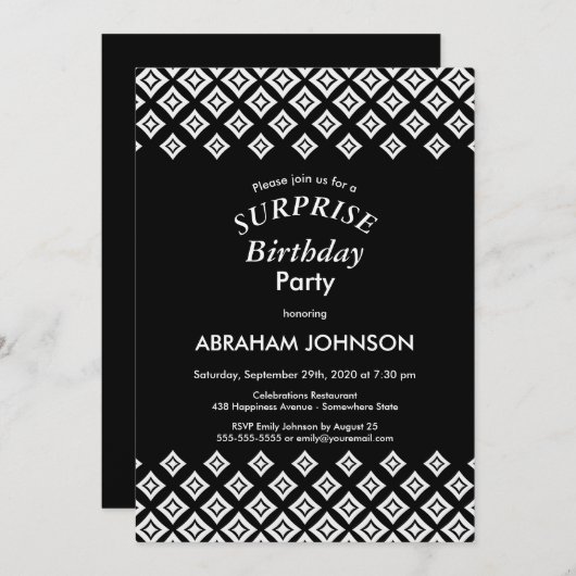 Zwarte witte moderne verrassingsfeest kaart (Voorkant / Achterkant)