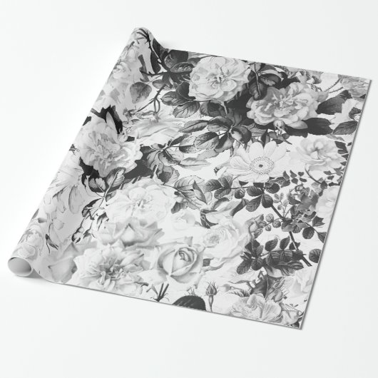 Zwarte witte moderne waterverf bloemen cadeaupapier (Uitgerold)