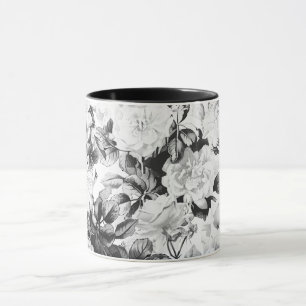 Zwarte witte moderne waterverf bloemen mok