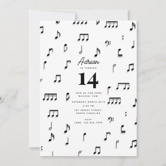 Zwarte & Witte Musical Notes Symbol Birthday Party Kaart (Voorkant)