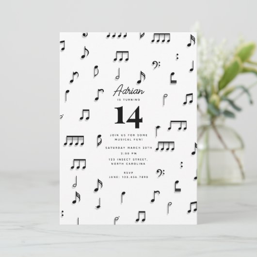 Zwarte & Witte Musical Notes Symbol Birthday Party Kaart (Staand voorkant)