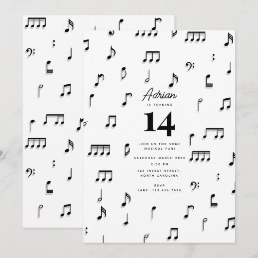 Zwarte & Witte Musical Notes Symbol Birthday Party Kaart (Voorkant / Achterkant)