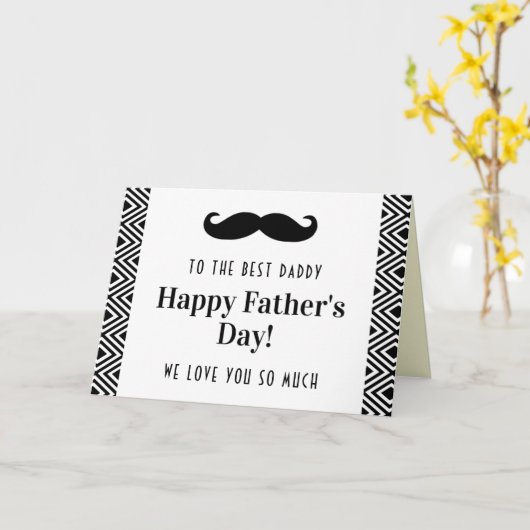 Zwarte & Witte Mustache Happy-Vaderdag Kaart (Gele Bloem)