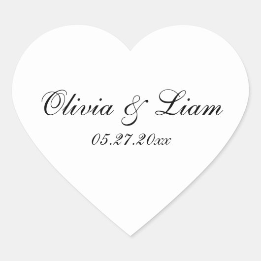 Zwarte witte naam Datum Modern Wedding Hart Sticker (Voorkant)