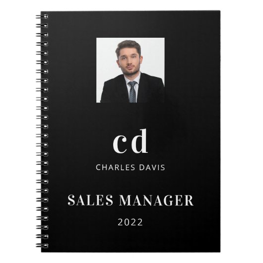 Zwarte witte naam initialen fotobusiness notitieboek (Voorkant)