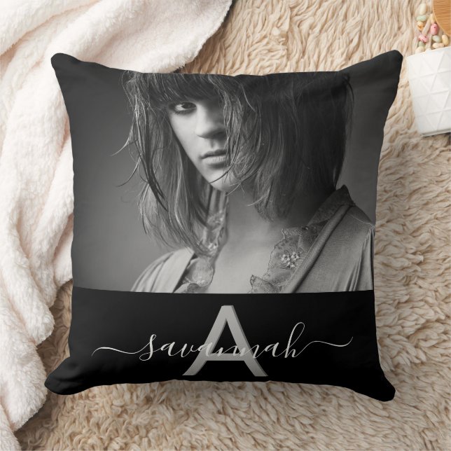 Zwarte witte naam monogram foto kussen (Deken)
