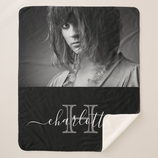 Zwarte witte naam monogram foto sherpa deken (Voorkant)