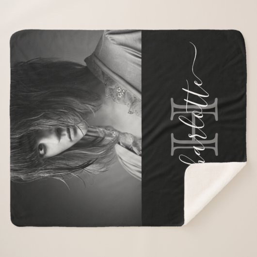 Zwarte witte naam monogram foto sherpa deken (Voorkant (horizontaal))