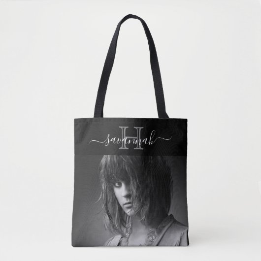 Zwarte witte naam monogram initiaal script foto tote bag (Voorkant)