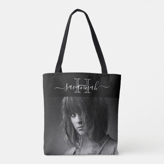 Zwarte witte naam monogram initiaal script foto tote bag (Achterkant)