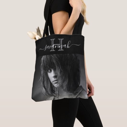Zwarte witte naam monogram initiaal script foto tote bag (Dichtbij)