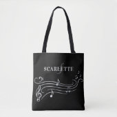 Zwarte & Witte Naam & Monogram Piano-Muzieknoten Tote Bag (Voorkant)