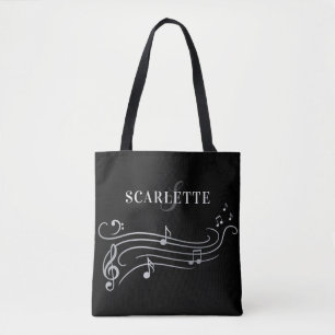 Zwarte & Witte Naam & Monogram Piano-Muzieknoten Tote Bag