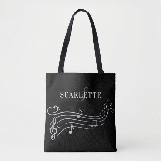 Zwarte & Witte Naam & Monogram Piano-Muzieknoten Tote Bag (Voorkant)