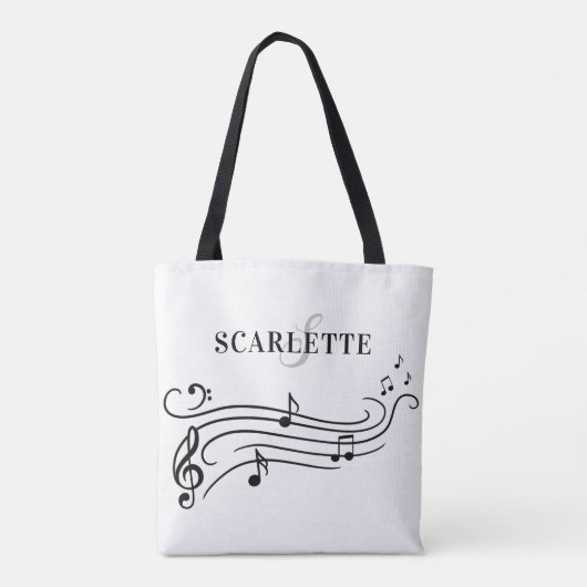 Zwarte & Witte Naam & Monogram Piano-Muzieknoten Tote Bag (Achterkant)