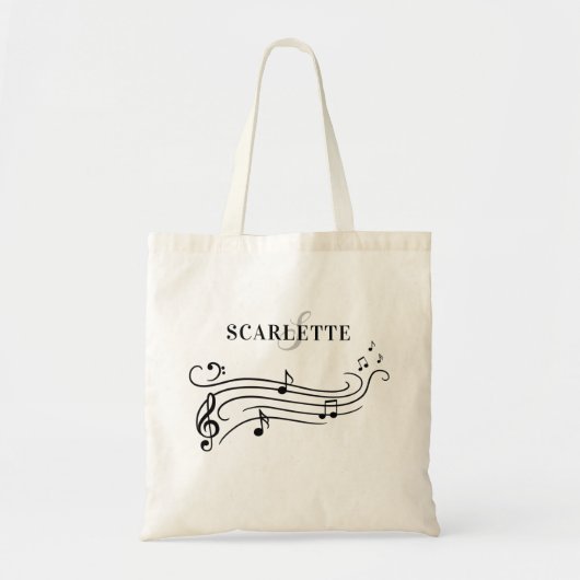 Zwarte & Witte Naam & Monogram Piano-Muzieknoten Tote Bag (Voorkant)