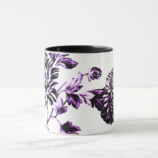 Zwarte witte Paarse botanische flora-ballingschap Mok (Midden)