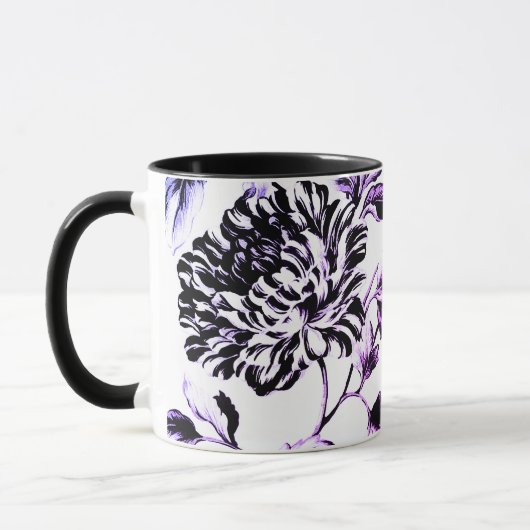 Zwarte witte Paarse botanische flora-ballingschap Mok (Links)