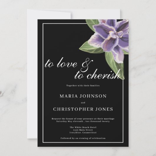 Zwarte witte paarse lavendel orchidee bruiloft kaart (Voorkant)