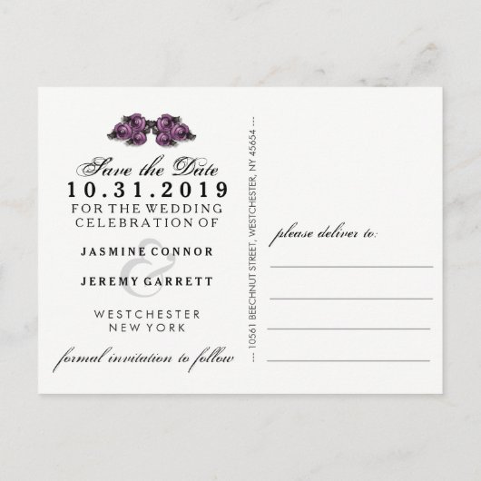 Zwarte witte Paarse Rozen Halloween Save Date Aankondigingskaart (Achterkant)
