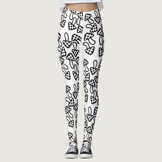 Zwarte witte paddenstoelen Leggings (Voorkant)