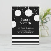 Zwarte & Witte Partij Lantern Birthday Uitnodiging (Staand voorkant)