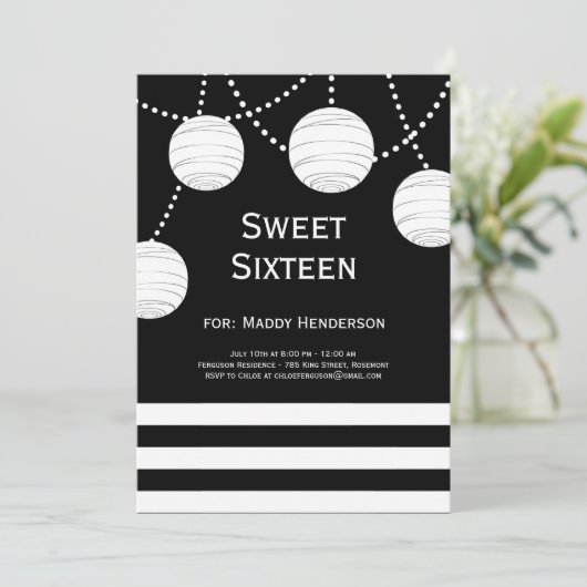 Zwarte & Witte Partij Lantern Birthday Uitnodiging (Staand voorkant)