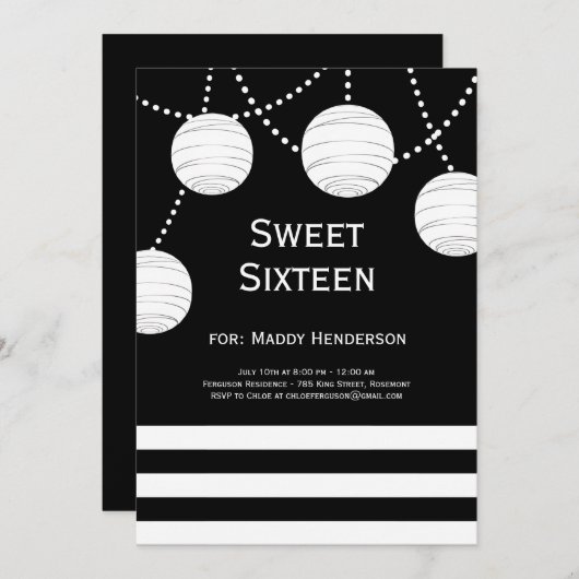 Zwarte & Witte Partij Lantern Birthday Uitnodiging (Voorkant / Achterkant)