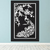 Zwarte witte pauw en kersenbloesems op maat canvas afdruk (Insitu (Houten vloer))